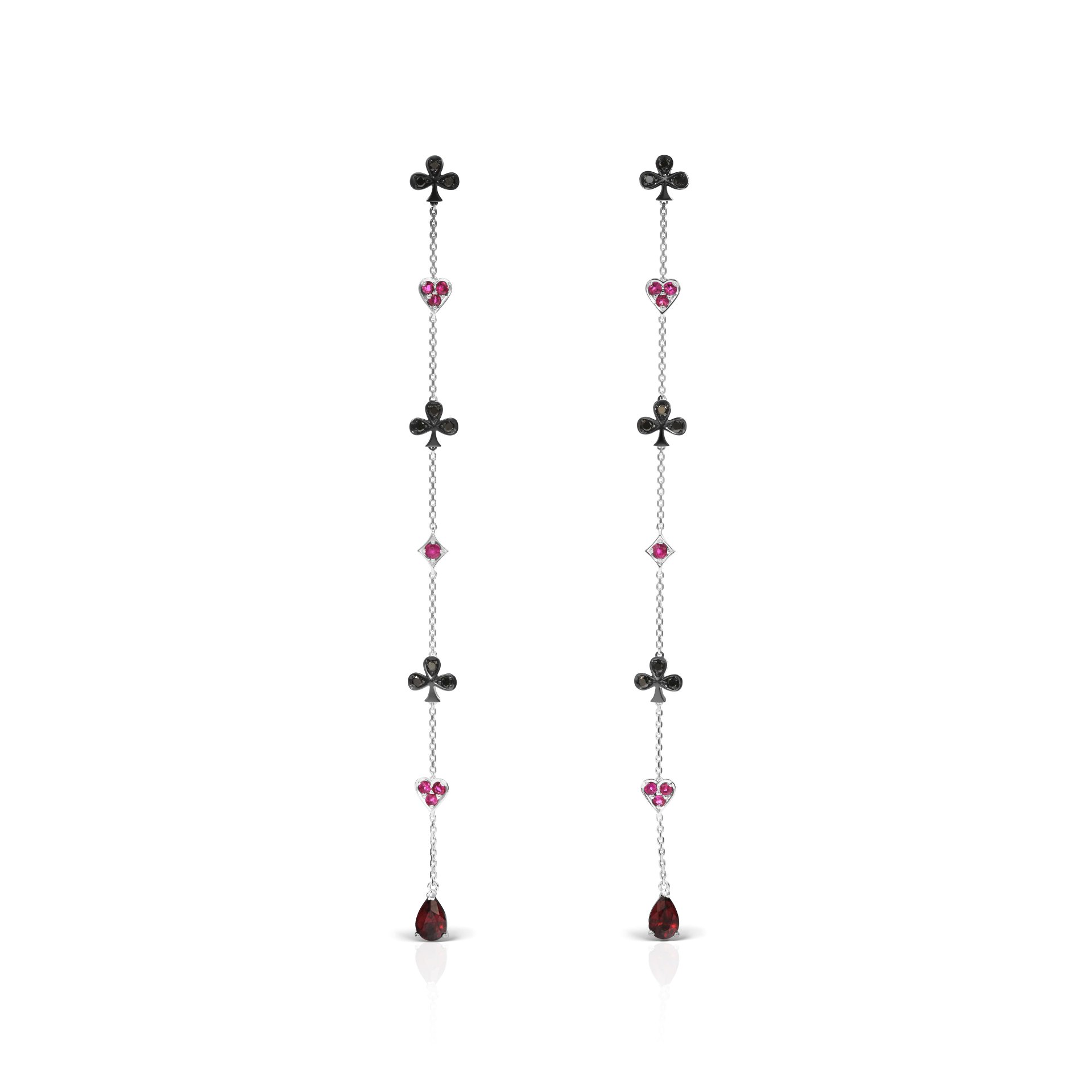 Пусеты «Трефы и червы» с бриллиантом, рубином и гранатом в белом золоте.