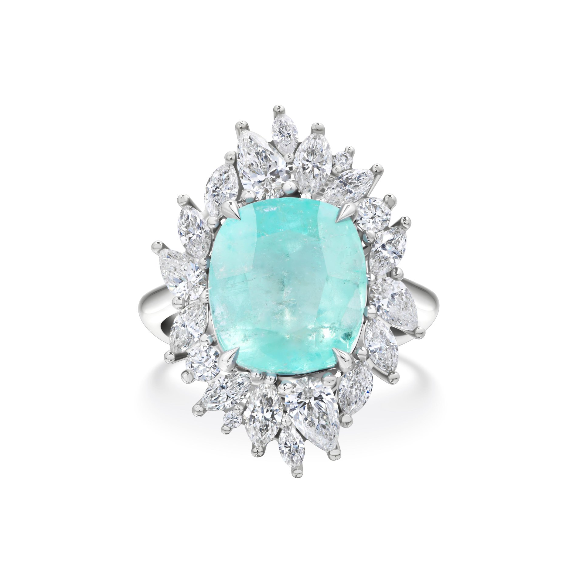 Кольцо с турмалином Параиба 4.97 карат в белом золоте с бриллиантами