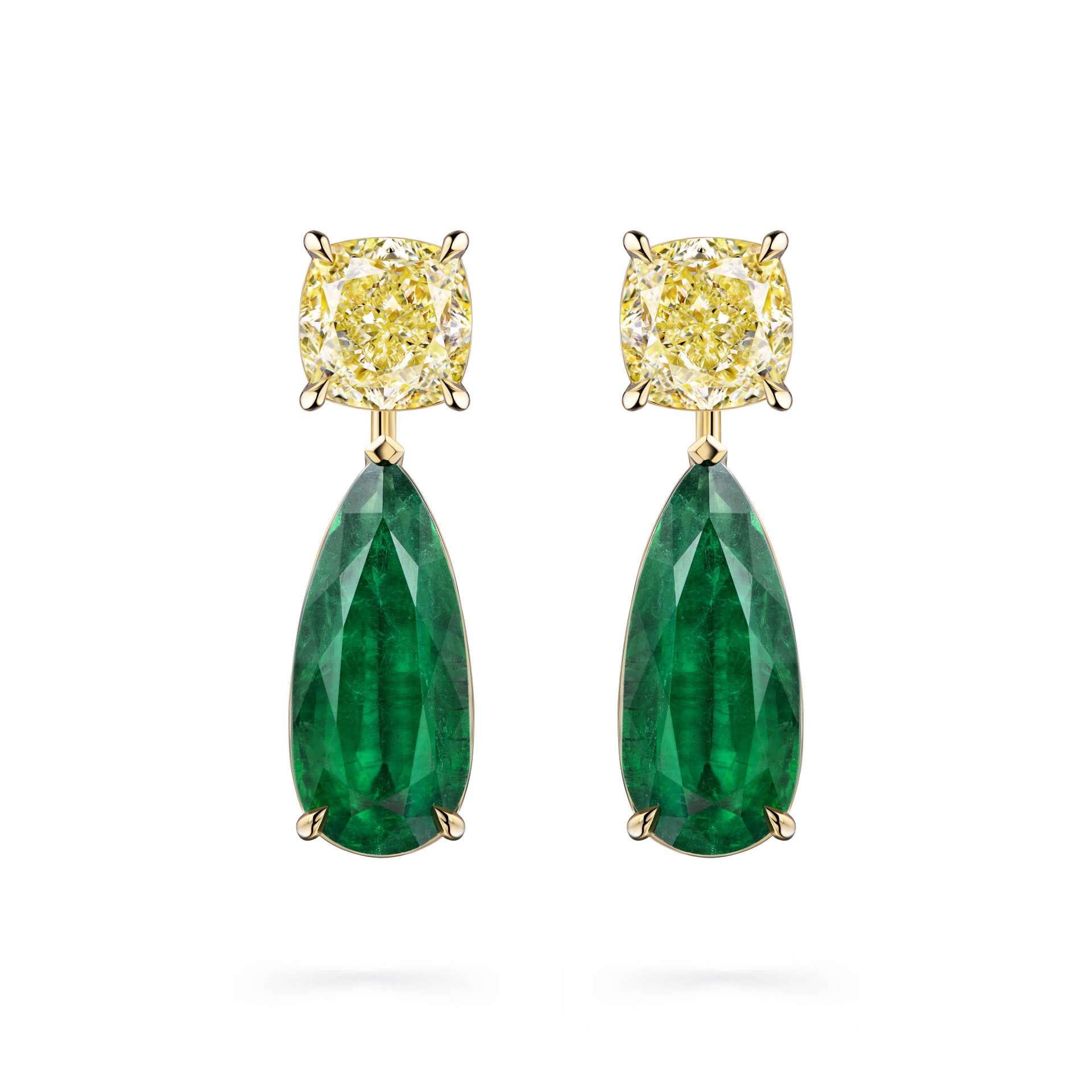 Серьги-трансформеры из белого золота с изумрудами и желтыми бриллиантами