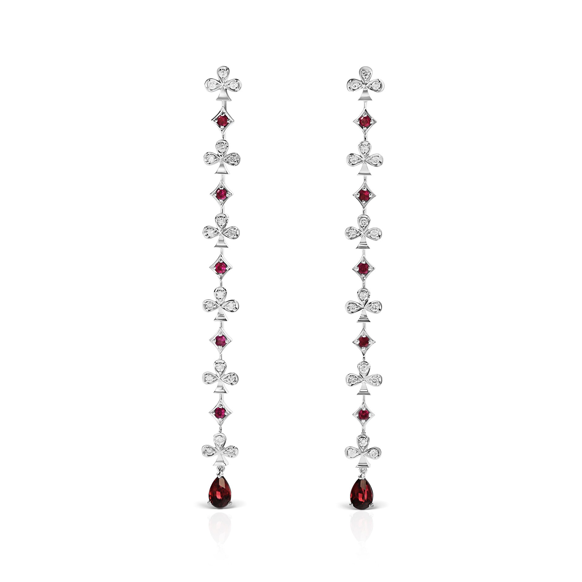 Пусеты «Трефы и бубны» с бриллиантом, рубином и гранатом в белом золоте.