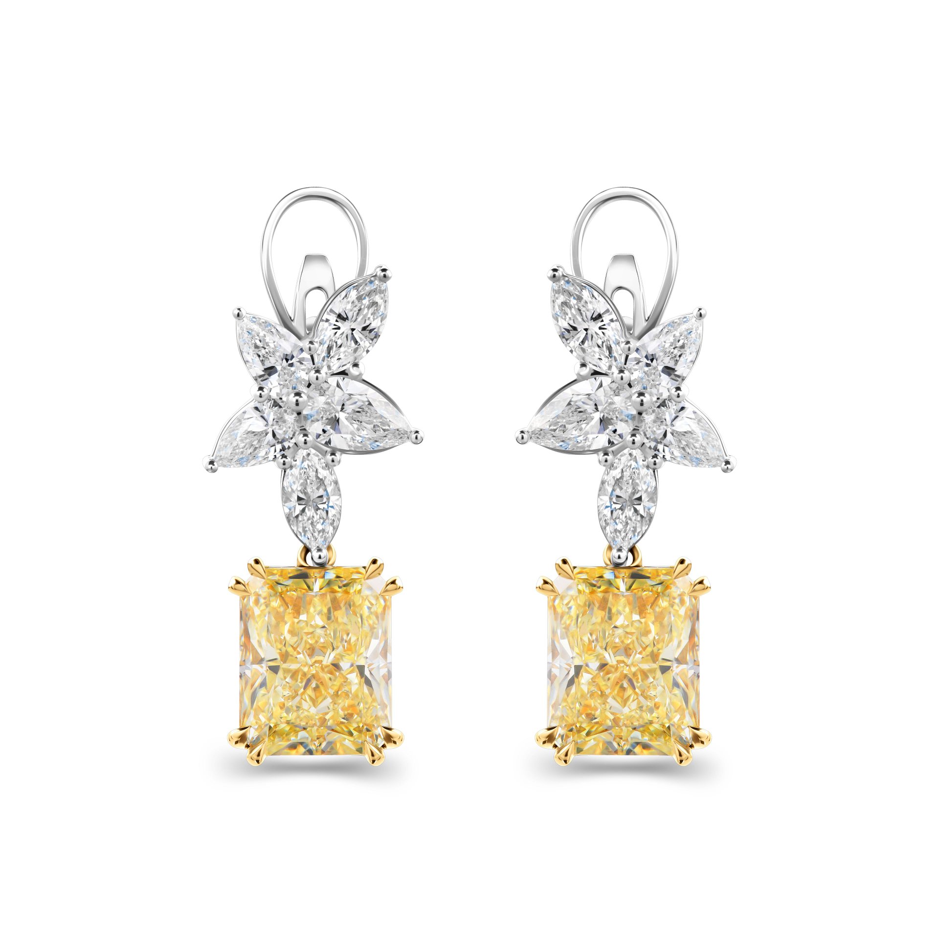 Серьги из белого золота с желтыми бриллиантами 4.02 и 4.00 карата.