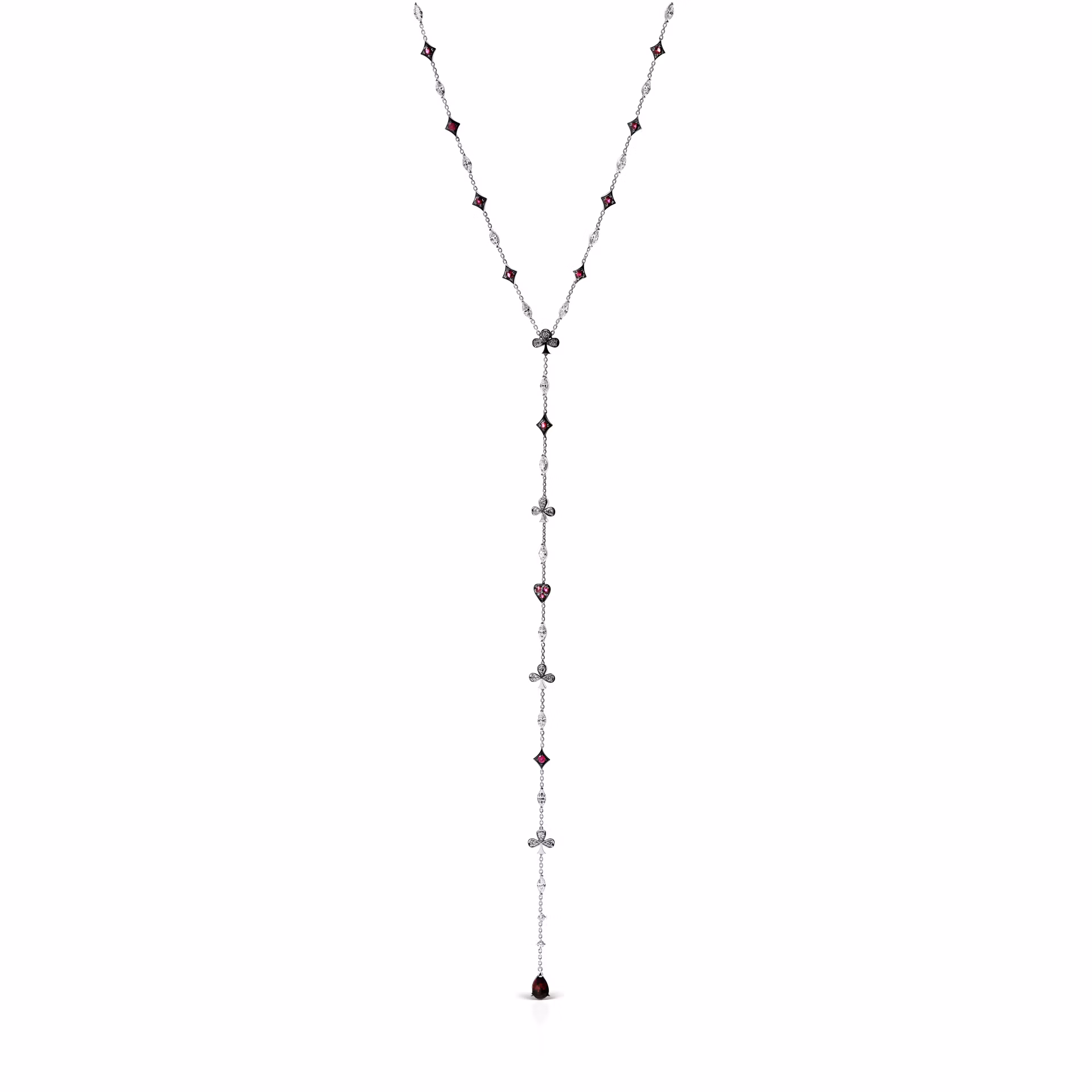 Колье-галстук «Трефы и бубны» с бриллиантом, рубином и гранатом, белое золото