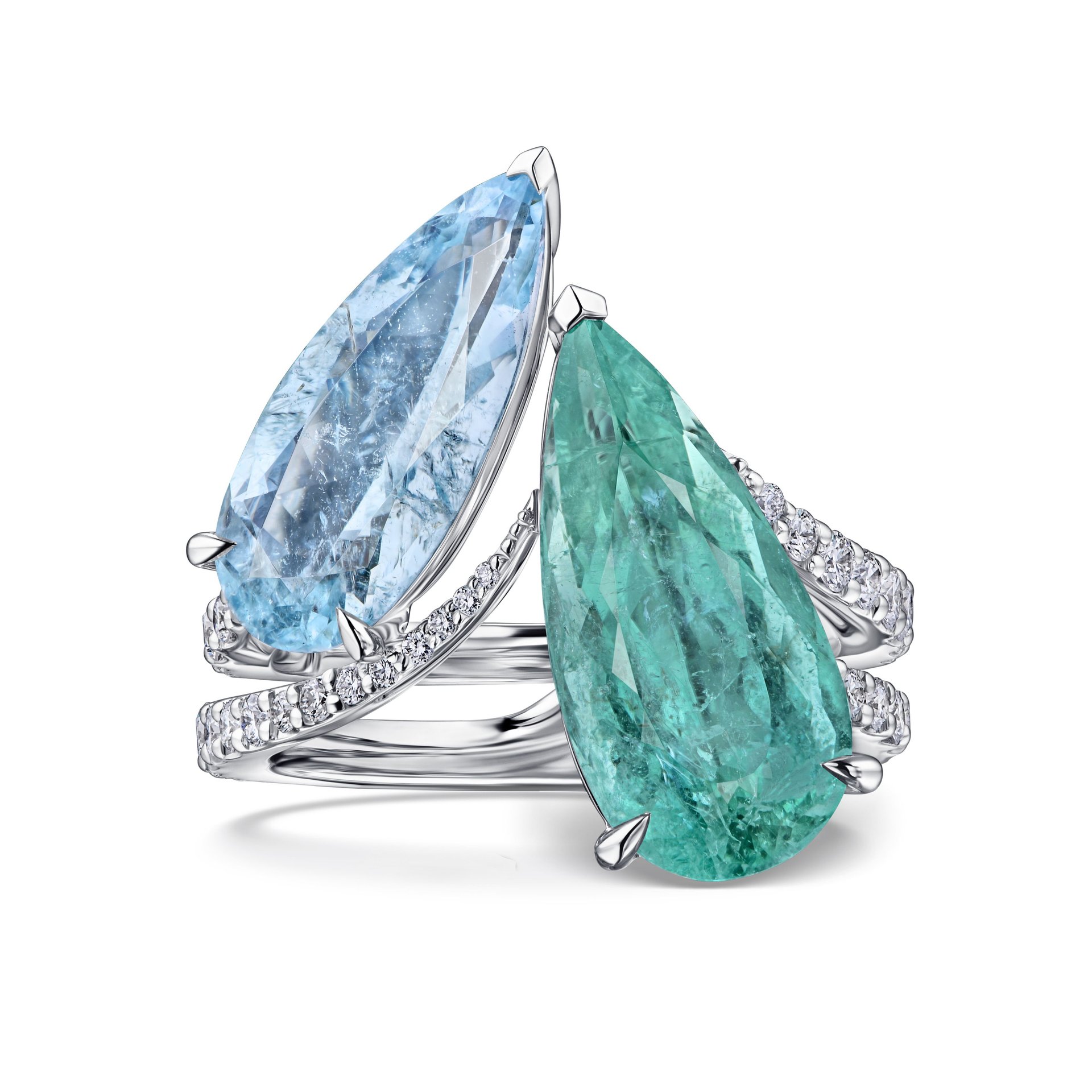 Кольцо Toi et Moi с двумя турмалинами Параиба 4.78 и 2.33 карата в белом золоте