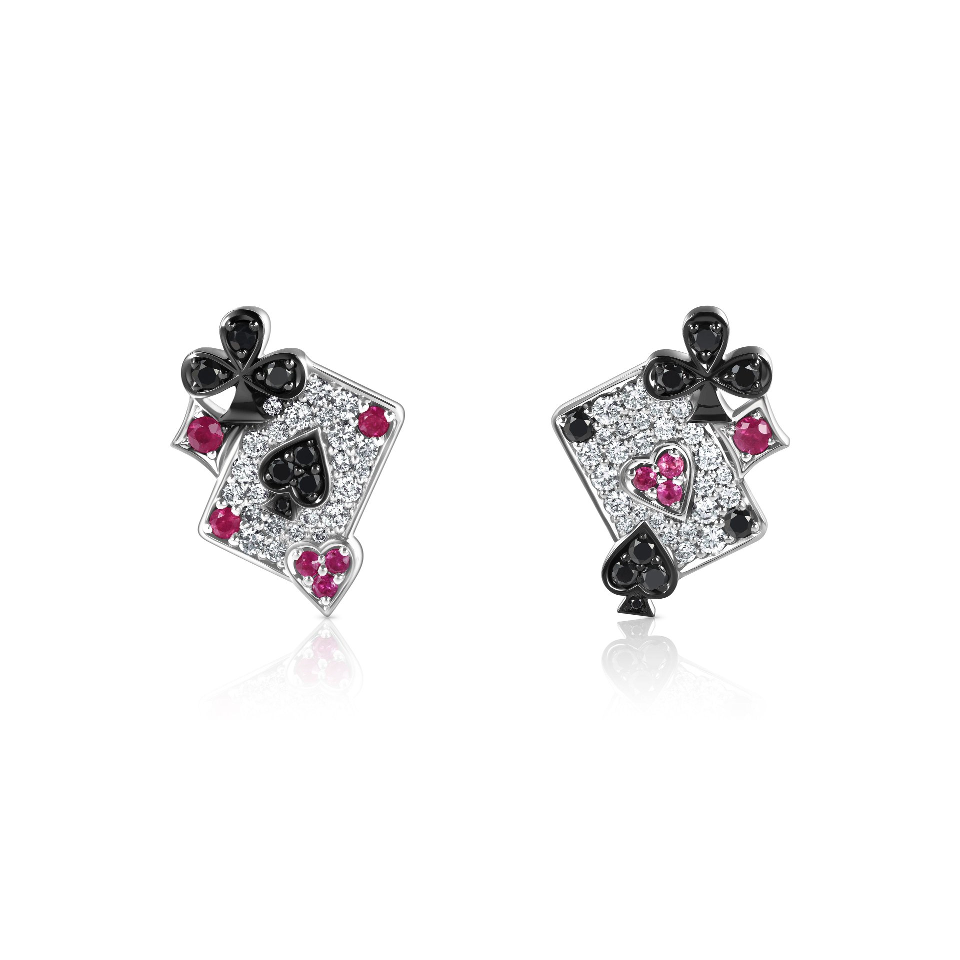 Пусеты «Туз пик и туз червей» с бриллиантом и рубином в белом золоте.