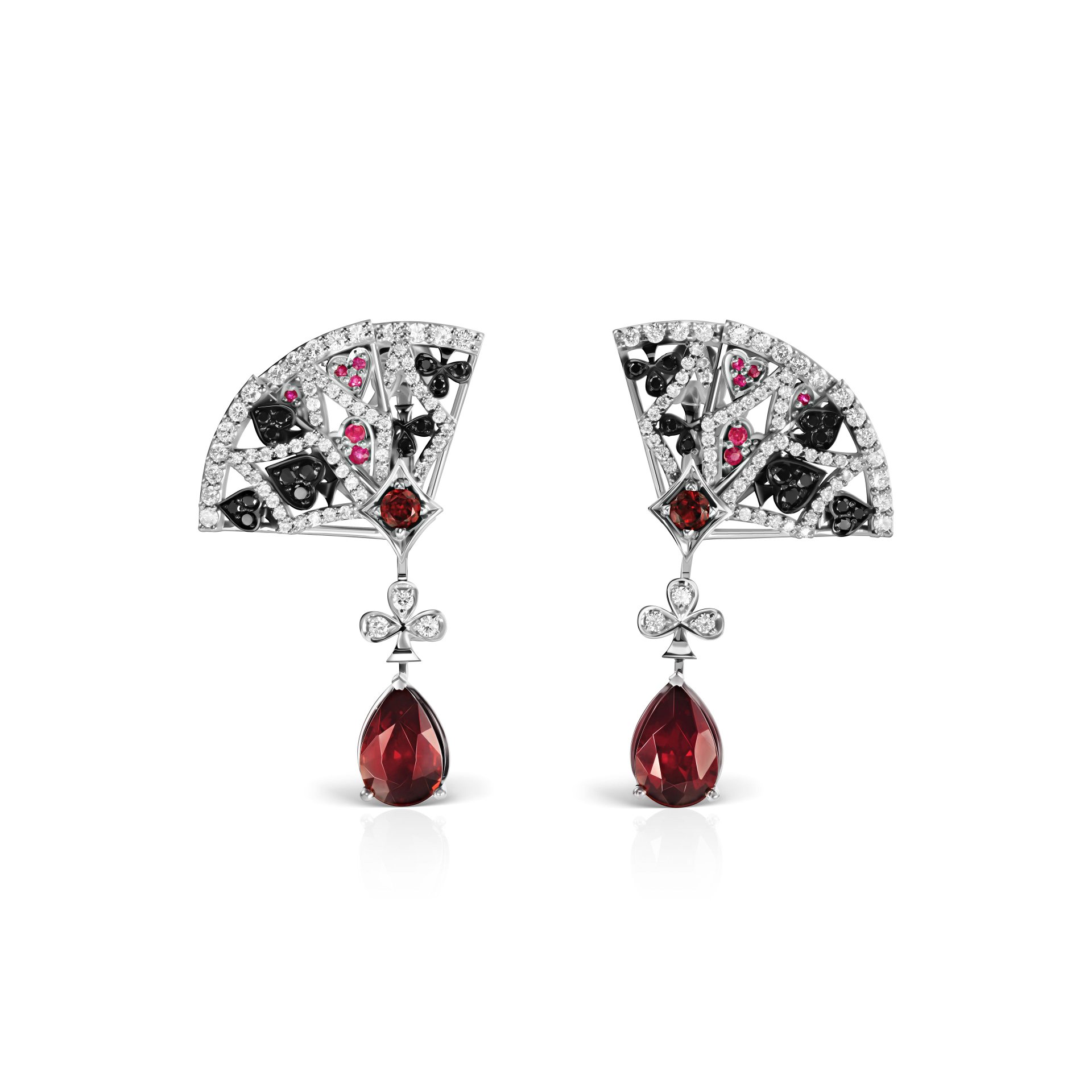 Серьги «Тройка» с бриллиантом, турмалином и гранатом в белом золоте.