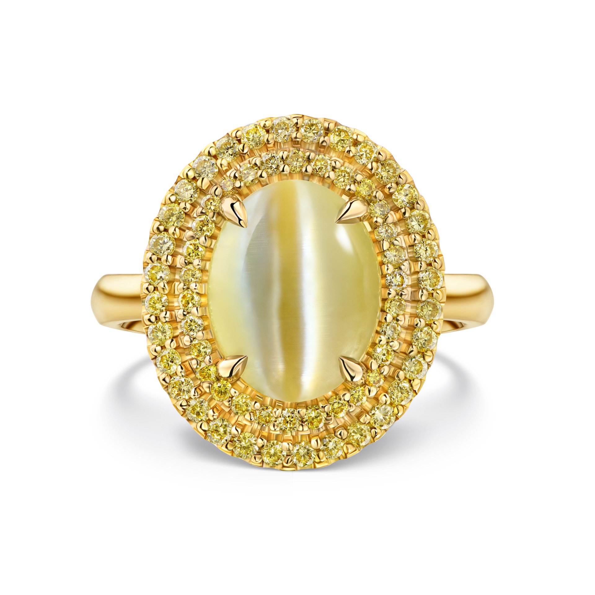 Кольцо с хризобериллом 3.69 карат в желтом золоте.